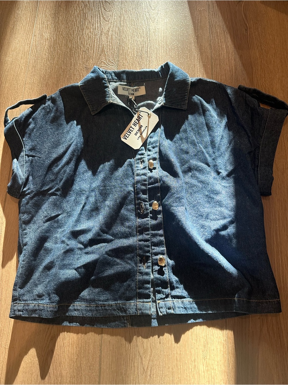 Velvet Heart Womens Denim Button-Front Shirt in Dark Blue